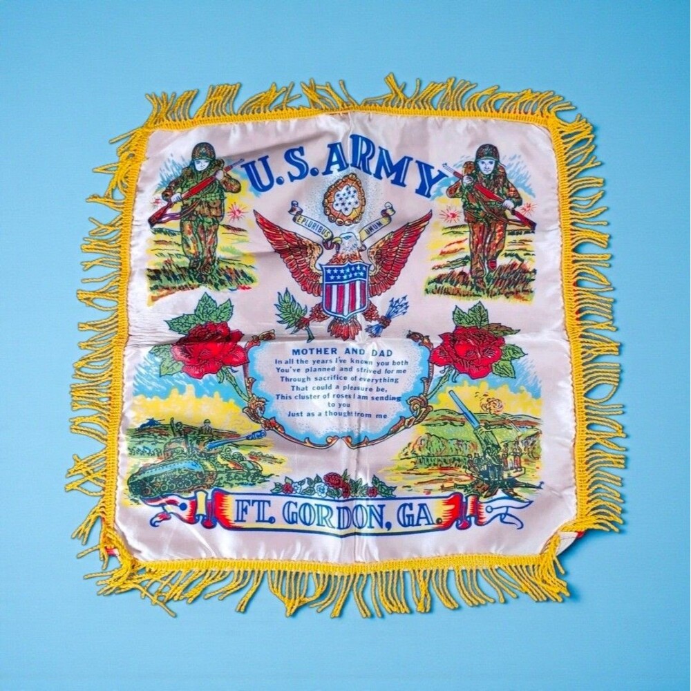 Vintage U.S. Army Ft Gordon Mother Dad Pillow Cover Yellow Fringe Souvenir